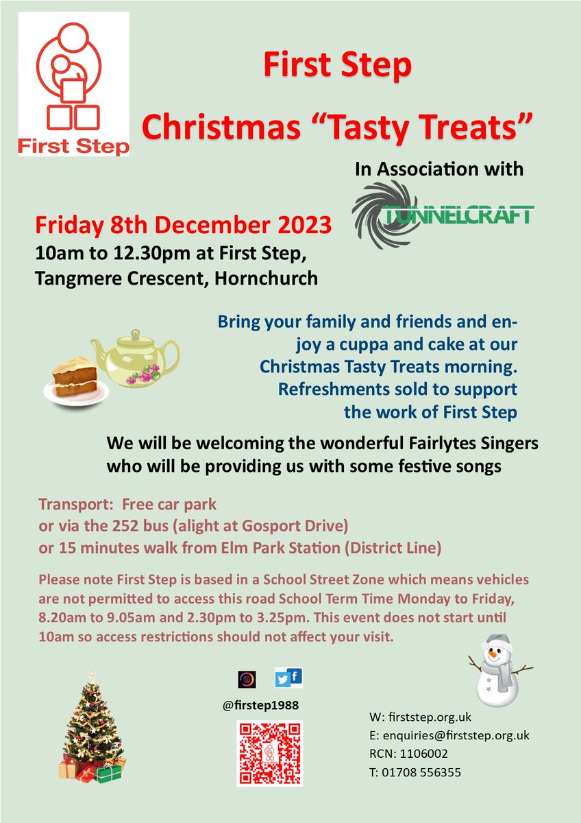 Don’t forget Christmas Tasty Treats next Friday, 8th December. Join us at First Step, Tangmere Crescent RM12 5PP 10am to 12.30 where we will be joined by the talented Fairlytes Singers entertaining us with some festive tunes. 🎄