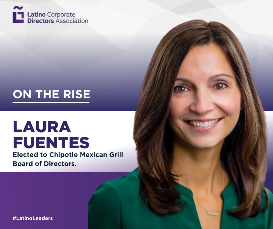 Congratulations to #LCDAMember Laura Fuentes who was elected to #Fortune438 Chipotle Mexican Grill (NYSE:CMG) Board of Directors. Chipotle Mexican Grill now has two (2) Latinos serving on the board. 

Learn more: buff.ly/3Rk6FVF

#LCDAOnTheRise #LatinoLeaders