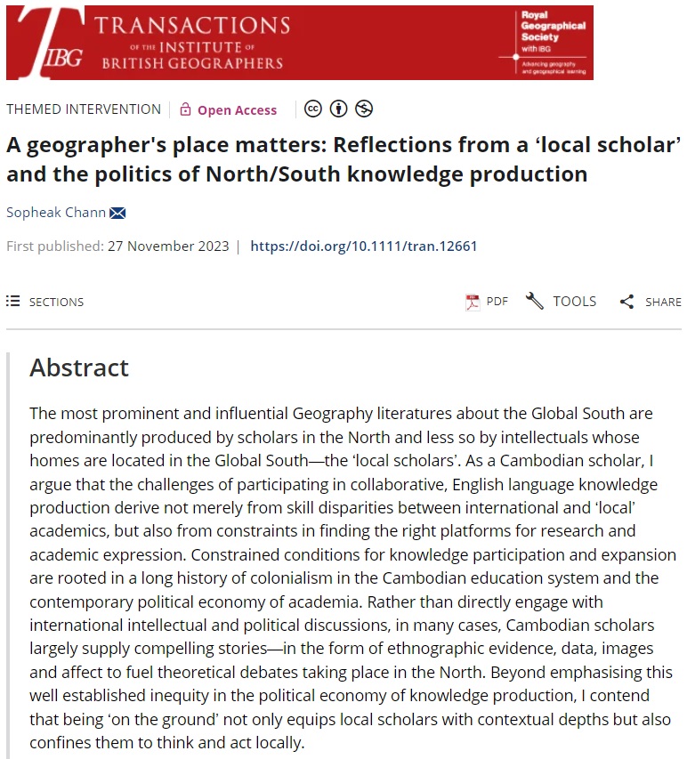 RGS-IBG Higher Ed (@rgs_ibghe) on Twitter photo 🔈 New paper published in #TIBG themed intervention by <a href="/SopheakChann/">Sopheak Chann</a> (Royal University of Phnom Penh):
'A geographer's place matters: Reflections from a ‘local scholar’ and the politics of North/South knowledge production'. #openaccess
orlo.uk/1r9GN 🔈 New paper published in #TIBG themed intervention by <a href="/SopheakChann/">Sopheak Chann</a> (Royal University of Phnom Penh):
'A geographer's place matters: Reflections from a ‘local scholar’ and the politics of North/South knowledge production'. #openaccess
orlo.uk/1r9GN