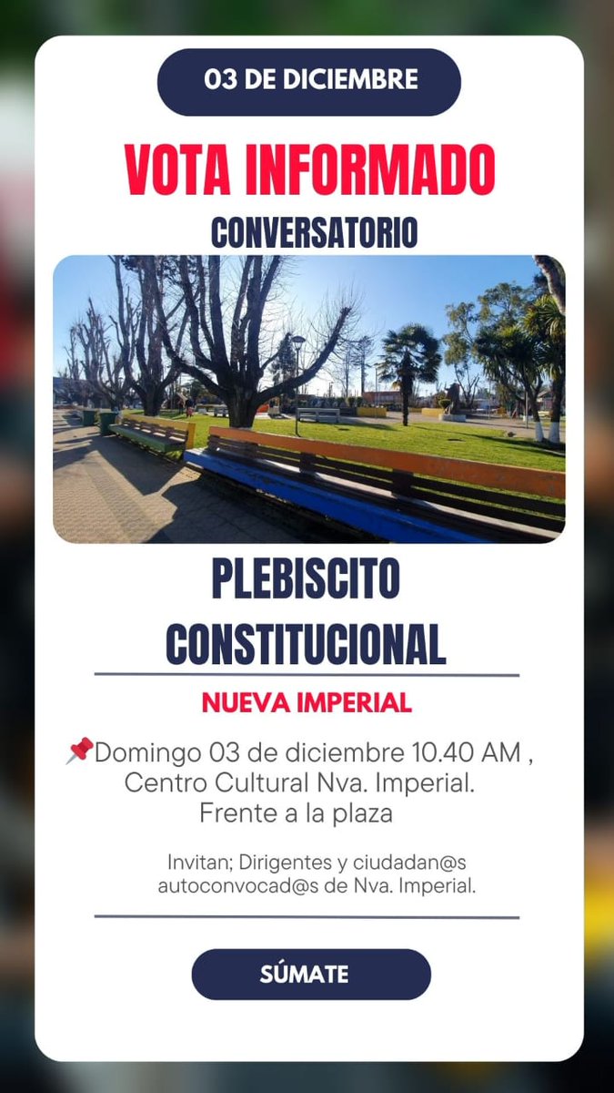 El Domingo 03 estaremos analizando e informándonos en Nueva Imperial 👍🏽

Nos vemos