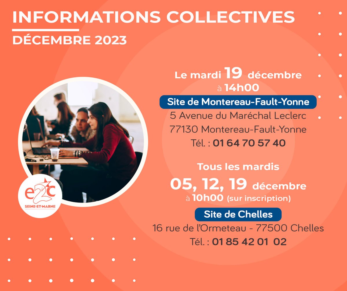 🔔 #informationcollective #décembre
Participez à nos dernières infocolls de l'année afin de poser toutes vos questions sur l'accompagnement et le parcours de formation à l’#E2C 

📍#Chelles : Tous les mardis à 10h (sur inscription)
📍#Montereau : Le mardi 21/12 à 14h