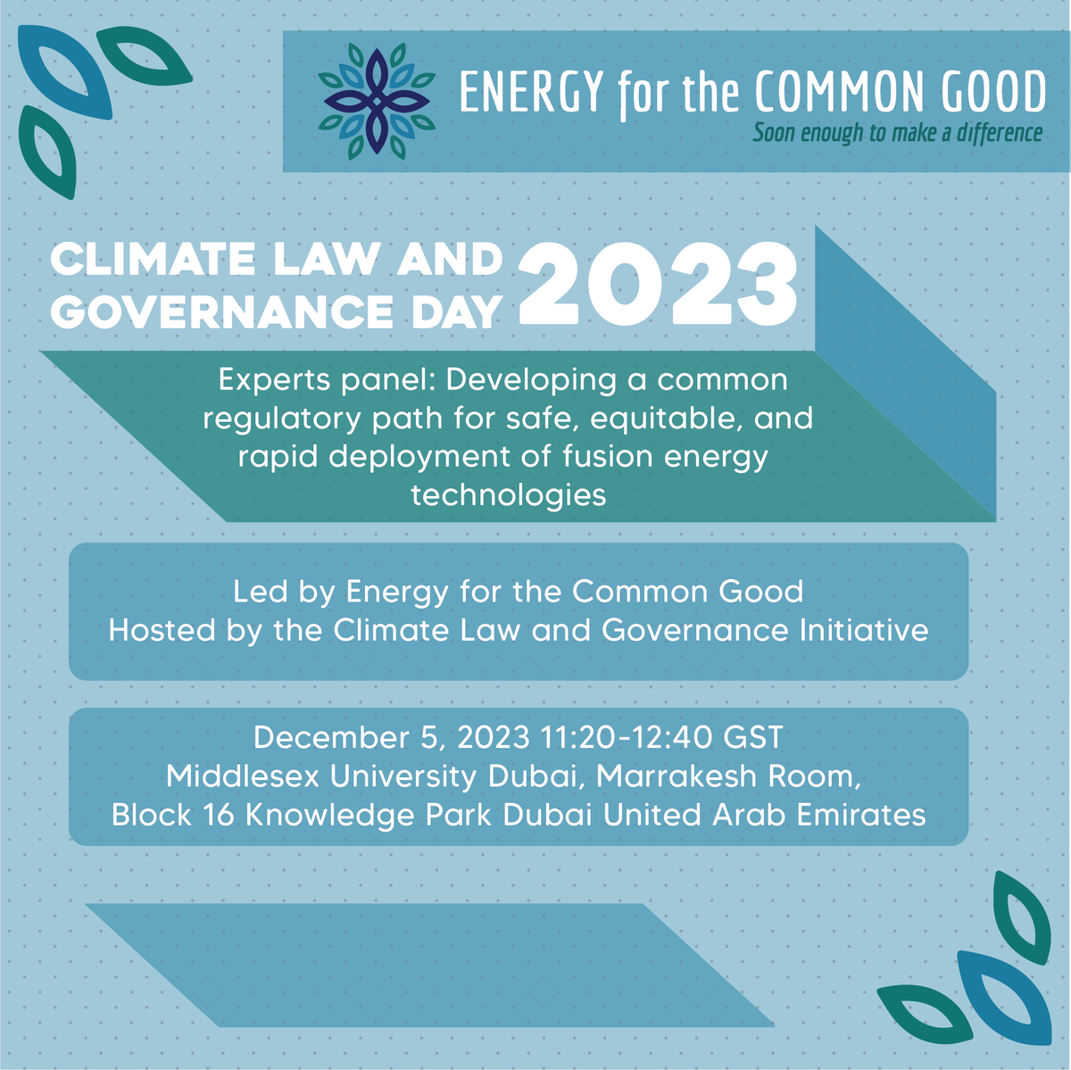 We &amp; <a href="/jane_hotchkiss/">Jane Hotchkiss</a> welcome those at #COP28 to join us for a  panel discussion, Developing Regulatory Paths for Safe, Equitable, &amp; Rapid Fusion Energy Deployment, during Climate Law and Governance Day on December 5th. 

Register now to claim your seat!

ow.ly/tfue50Qcaxr