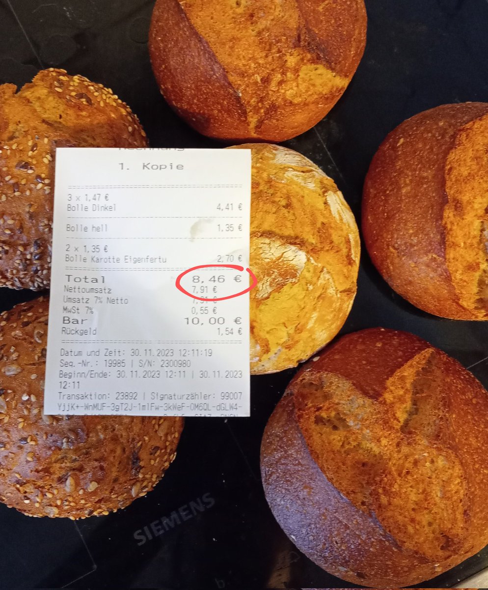 Sechs Brötchen 8,46€
Sie werden Zeugen des Moments, wo ich beschlossen habe, keine Brötchen beim Bäcker mehr zu kaufen.