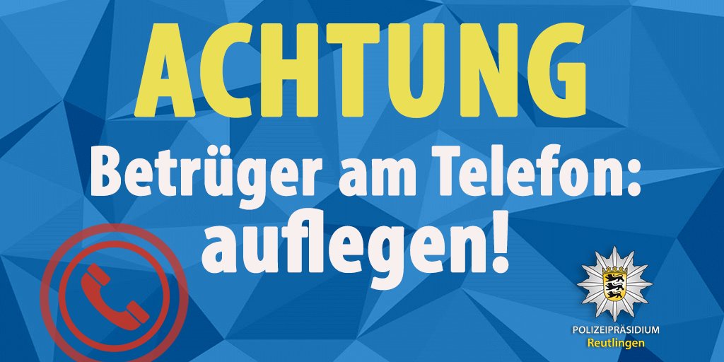 PolizeiRT's tweet photo. ❌📞❌ #Warnung #bitteteilen

👉 Aktuell überschwemmen Anrufe von #Telefonbetrügern die Kreise #Reutlingen, #Esslingen und #Tübingen.

Warnt Eure Angehörigen: Wenn aktuell die "Polizei" anruft und nach Wertsachen fragt, sofort #auflegen, der Anruf kommt dann von Kriminellen! ❌👮 https://t.co/mb8AthwJsD