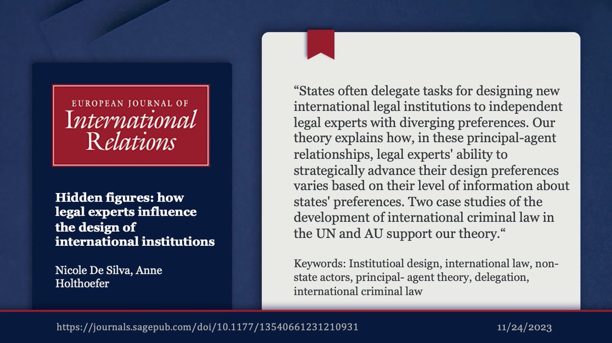 In their new EJIR article, @nicole_desilva and @aholthoe01 introduce their theory, which reveals how independent legal experts with delegated authority over design tasks influence institutional design processes and outcomes. Read it here: t1p.de/zvmsj