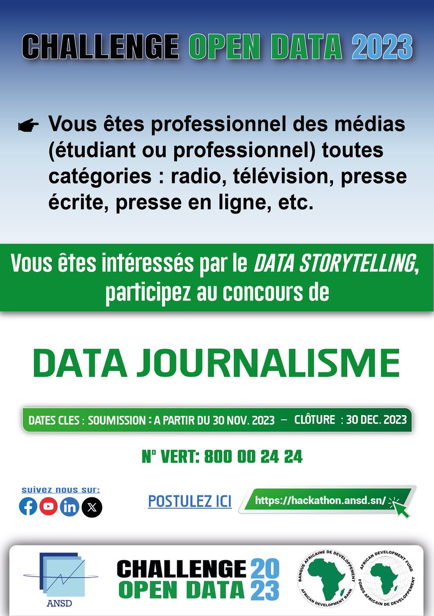 statsenegal's tweet photo. #ChallengeOpenData
Vous êtes journaliste ou étudiant en journalisme.
Vous êtes intéressés par le Data storrytelling, participez au concours de Data journalisme organisé par l'#ANSD en partenariat avec la #BAD.
Pour postuler : https://t.co/RBiijVZ8r2
#kebetu #Data #compublique https://t.co/AeLYIXPIwi