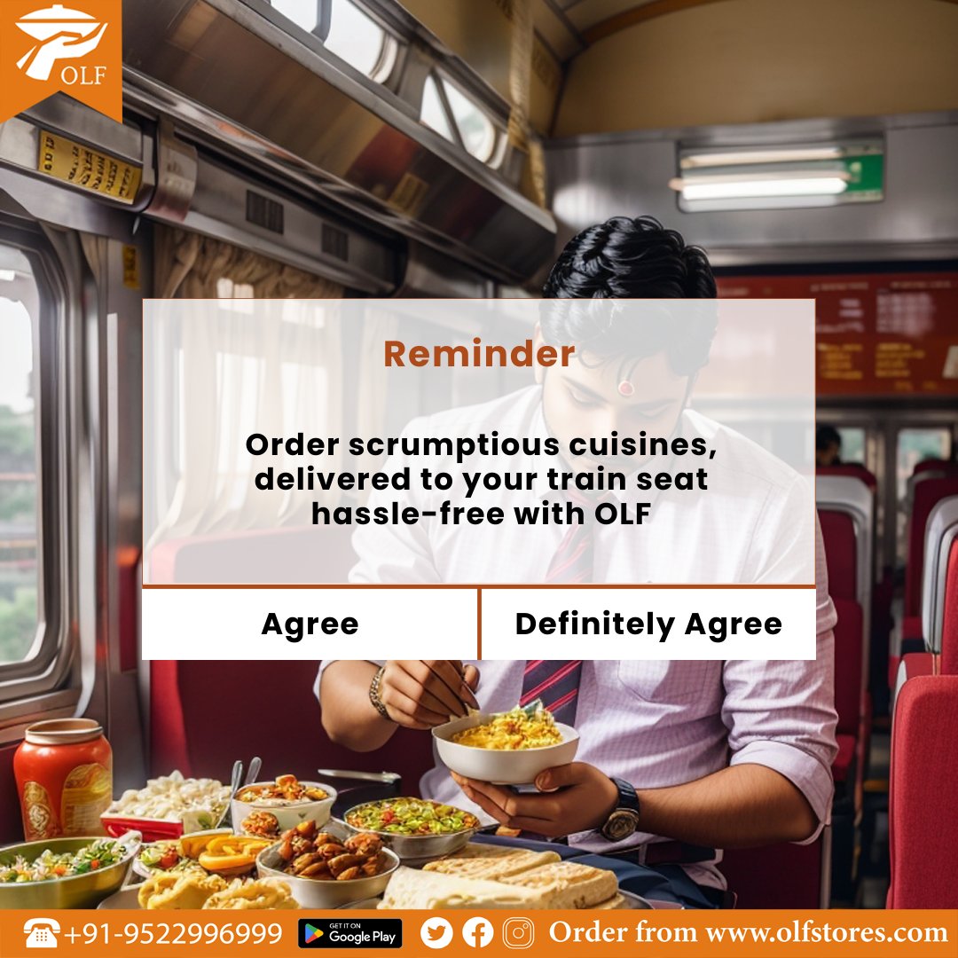 Craving a delicious meal during your train journey? Order through OLF for a flavorful and hassle-free dining experience at train seat! 🍲🚆

To place order, visit us at olfstores.com | call on +91-9522996999, Download the app from PlayStore.
.
#OLF #foodintrain #irctc