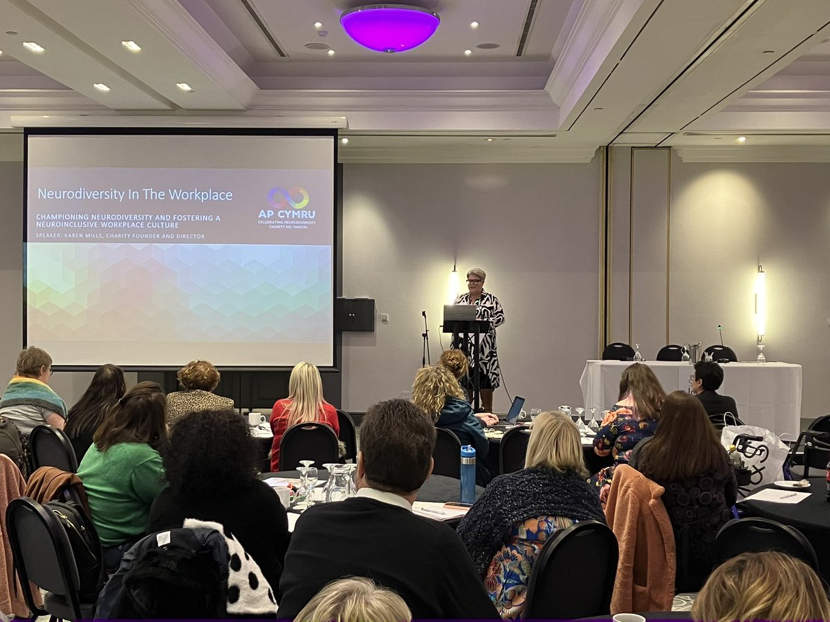 Now we have Karen Mills, founder of @AP_CYMRU talking about fostering inclusive work cultures, actively accommodating neurodiversity in the workplace through working patterns and being adaptable and flexible to the needs of neurodivergent staff #NeurodiversitySI