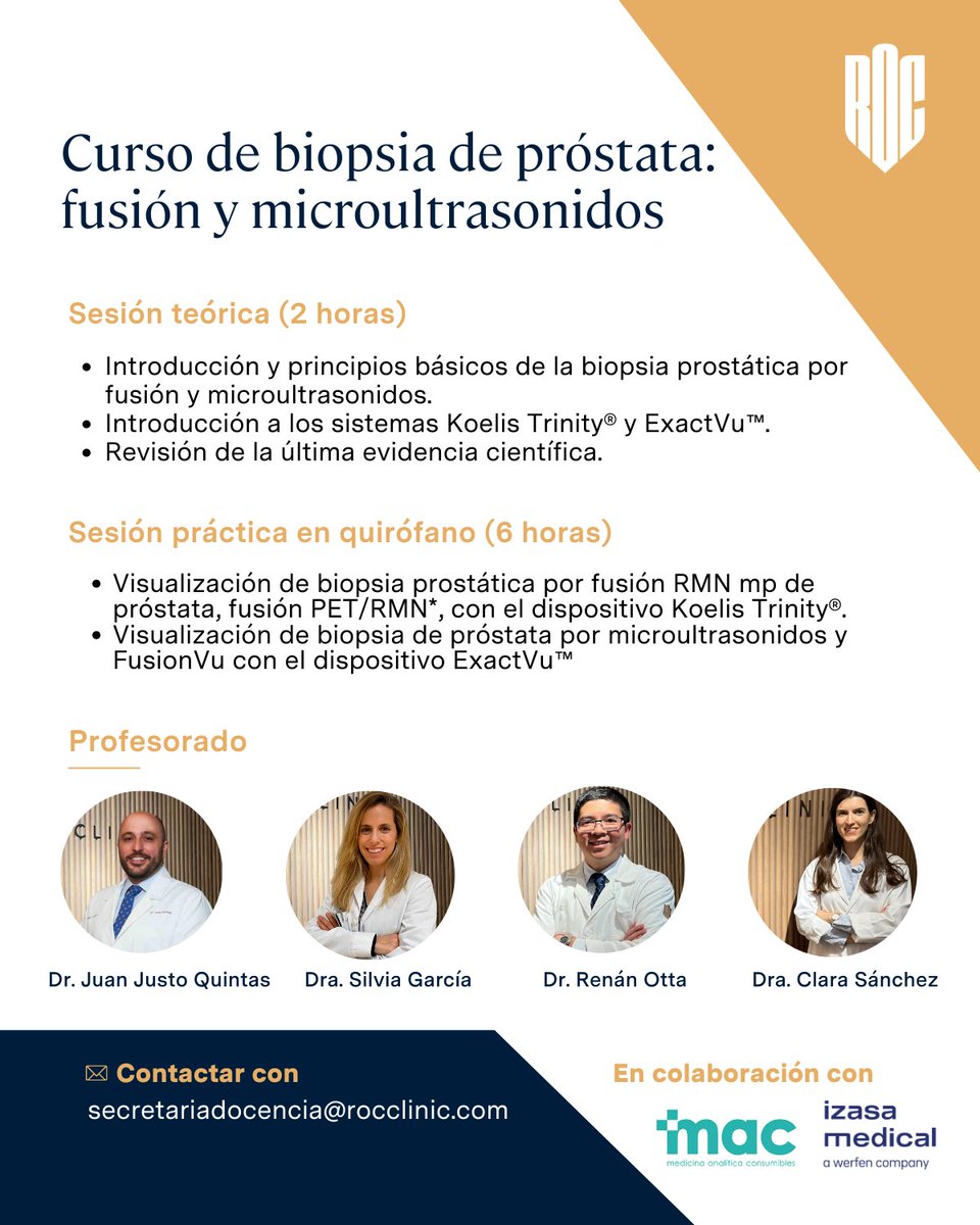 Izasa Medical 🤝 colabora en el Curso de biopsia de próstata: 'Fusión RMN con KOELIS Trinity(R) y microultrasonidos con ExactVu', impartido por ROC Clinic. 
 
👉 Este curso está dirigido a profesionales de la salud 👨‍⚕️ que quieran aprender en profundidad las últimas tecnologías en