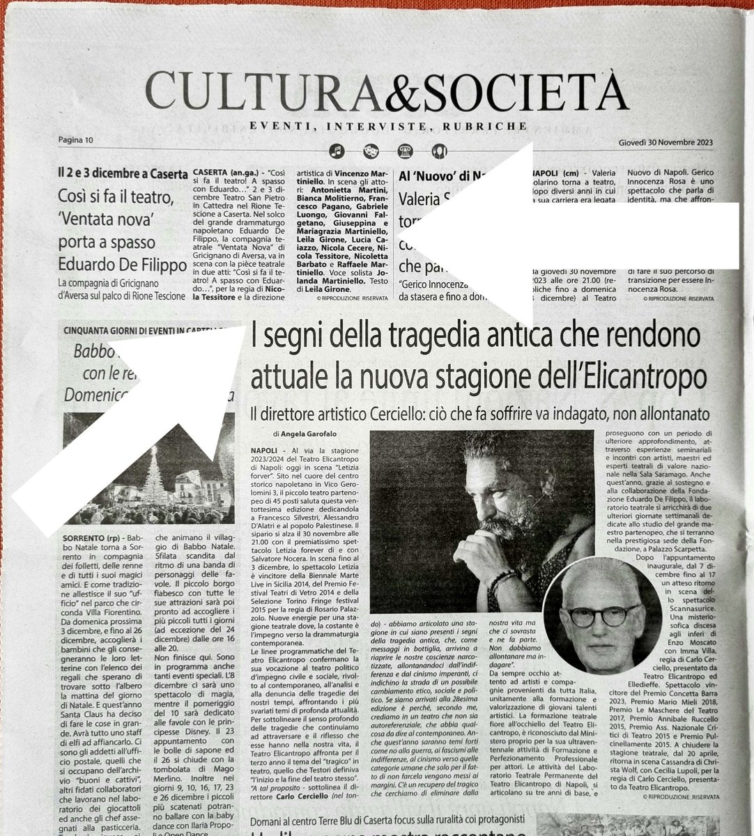 AngiGarofalo's tweet photo. 🕊Buongiorno🗞 
🎭 al via, stasera, la stagione teatrale del @T_ELICANTROPO  @carlocerciello
🎭 2-3 dicembre al #TeatroSanPietro  la compagnia #VentataNova
💿 #Veronica il nuovo singolo del cantautore partenopeo #IlConteBiagio 
#cronachedinapoli 
 #cronachediCaserta https://t.co/bp6HS68jMb