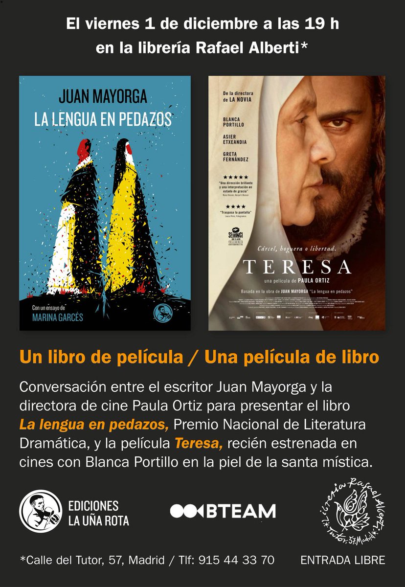 Hace tiempo que Juan Mayorga no presenta un libro suyo. Con motivo del estreno de "Teresa" en cines mañana viernes 1 de diciembre en <a href="/LibreriaAlberti/">Librería Alberti</a>  Mayorga charlará con la directora Paula Ortiz sobre este duelo entre un inquisidor y Teresa, que encarna Blanca Portillo.