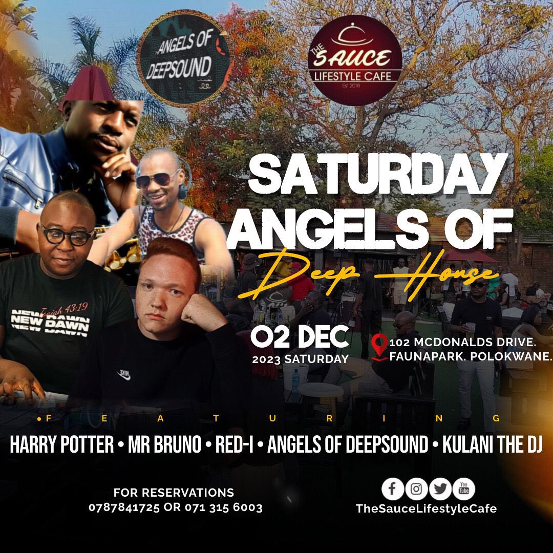 SATURDAY ANGELS OF DEEP HOUSE 

Join us this Saturday for our #bubblysaturdays featuring: @angelsofdeepsounds 

Supported by: @potterthedj @djred_i @official_mrbruno @kulani 
🔥🔥🔥🔥
. 
.
.
#thesaucelifestyle #goodvibes #deephouse #sundowners #polokwane #polokwaneexperience