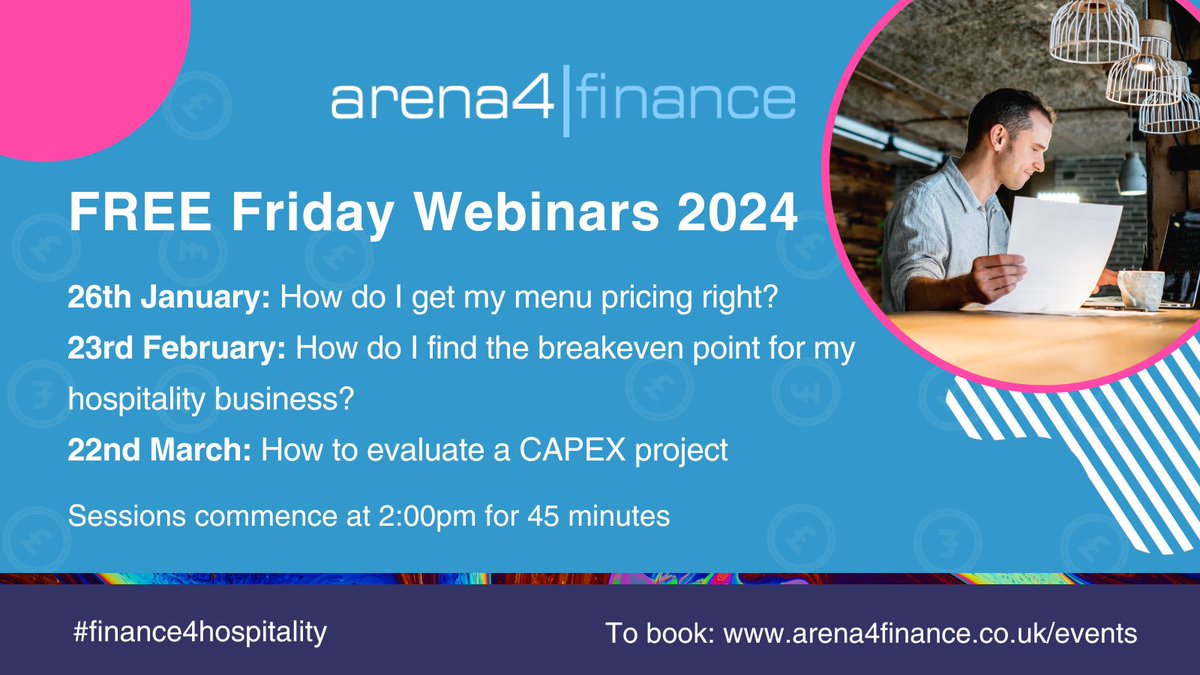 Our FREE webinar series continues into 2024 and is aimed at all those seeking to learn more about #hospitality finance. Each session commences at 2.00 pm and lasts  45 minutes. Find out more here:
arena4finance.co.uk/events
#arena4finance #finance4hospitality #hospitalityfinance