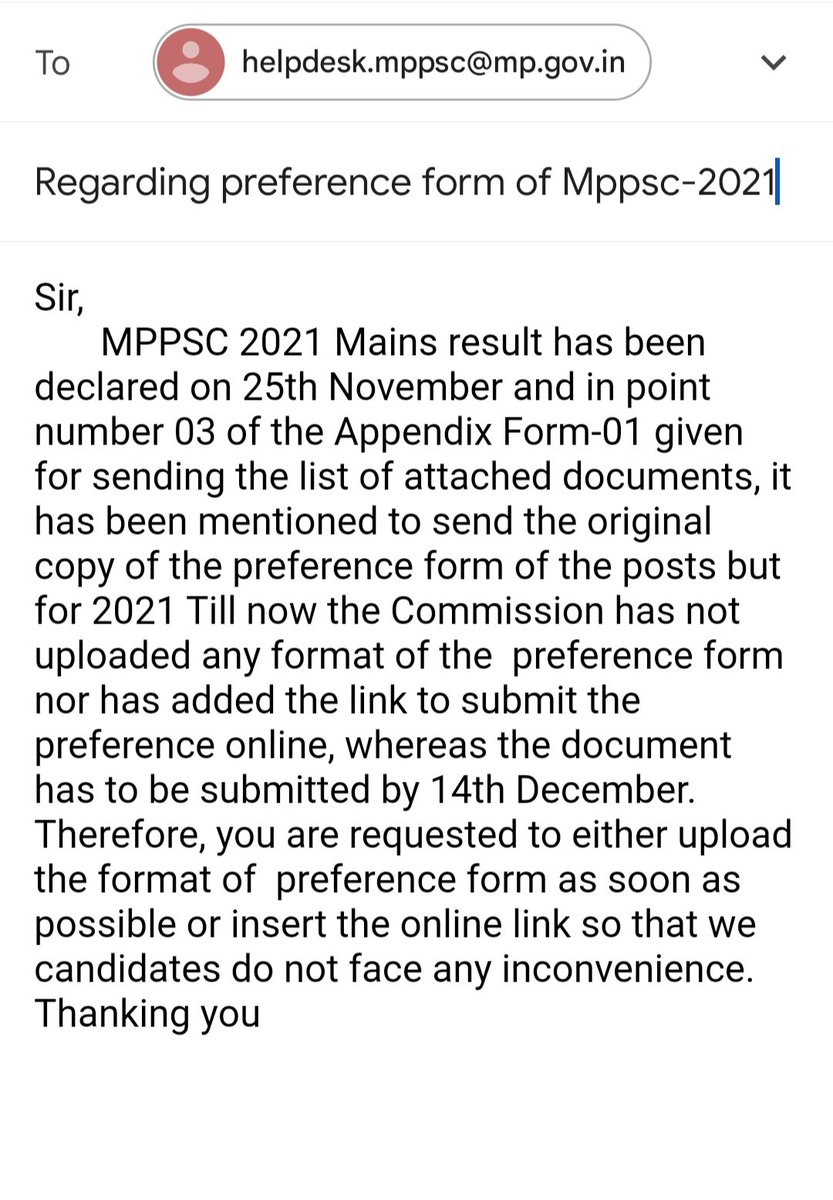 Bhaskarkalawat5's tweet image. एमपीपीएससी 2021 के  सभी छात्र एमपीपीएससी आयोग को मेल और फोन कीजिए preference form नहीं डाले है अभी तक जल्दी डाल दे, और अगर online preference लेना है तो लिंक ओपन करदे... 
Mail format नीचे फोटो में दिया गया है... 
#mppsc2021
@OfficeOfKNath @ChouhanShivraj @MPYuvaShakti @NEYU4INDIA