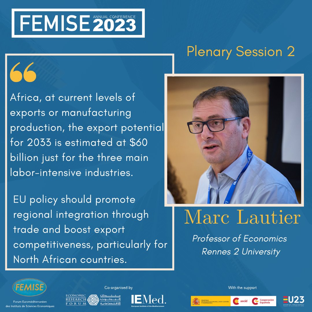 femisenetwork's tweet image. 🗣&quot;EU policy should promote regional integration through trade &amp;amp; boost export competitiveness, particularly for North African countries.&quot; expressed Marc Lautier, Professor of Economics, Université Rennes 2 during #FEMISE_AC2023 session2⃣ ➡️bit.ly/3N6wKWL