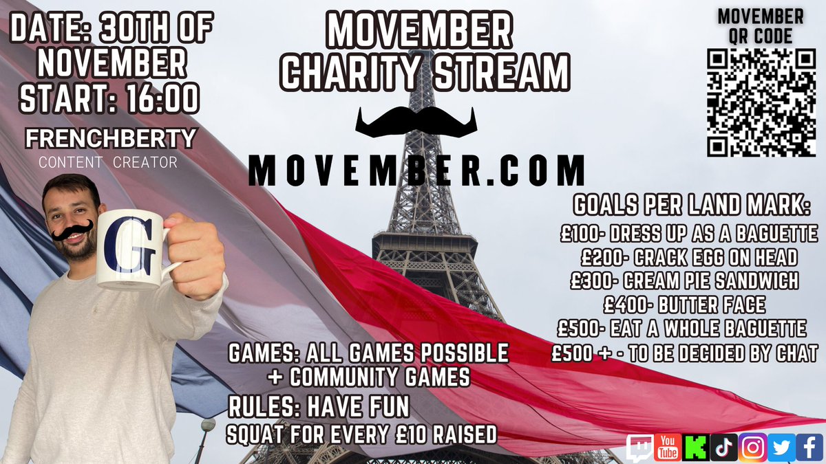 Pinhead_Mike's tweet photo. I won't be streaming today but i will be supporting the Baguette King himself @frenchberty who will be doing a 6 hour charity stream for #Movember, starting at 4pm GMT and there will be community games, goals for money raised and of course SQUATS.

https://t.co/40Vcu42hr1

#BFAM https://t.co/EVGg94Qlqm