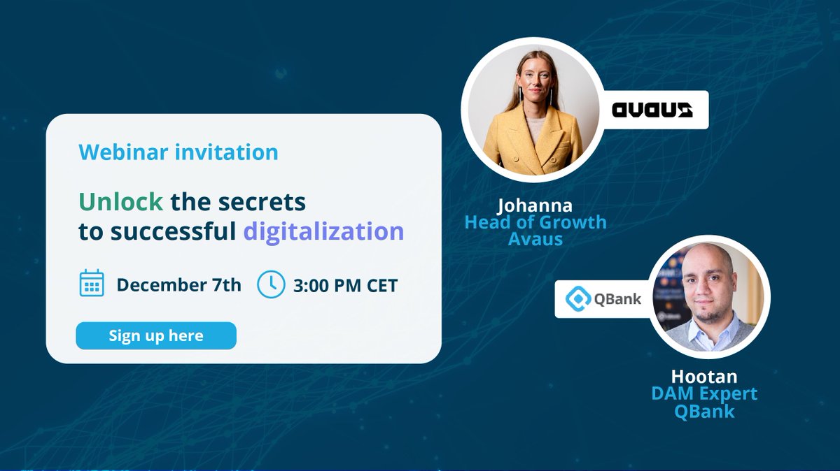 Discover digital transformation strategies in our webinar with Avaus! 💡 Johanna shares #Data Growth insights, Hootan from QBank on #DAM expertise. Get practical tips on digitalization! 

Reserve your spot now 👉 brnw.ch/21wETGI 

#DigitalTransformation #DigitalStrategy