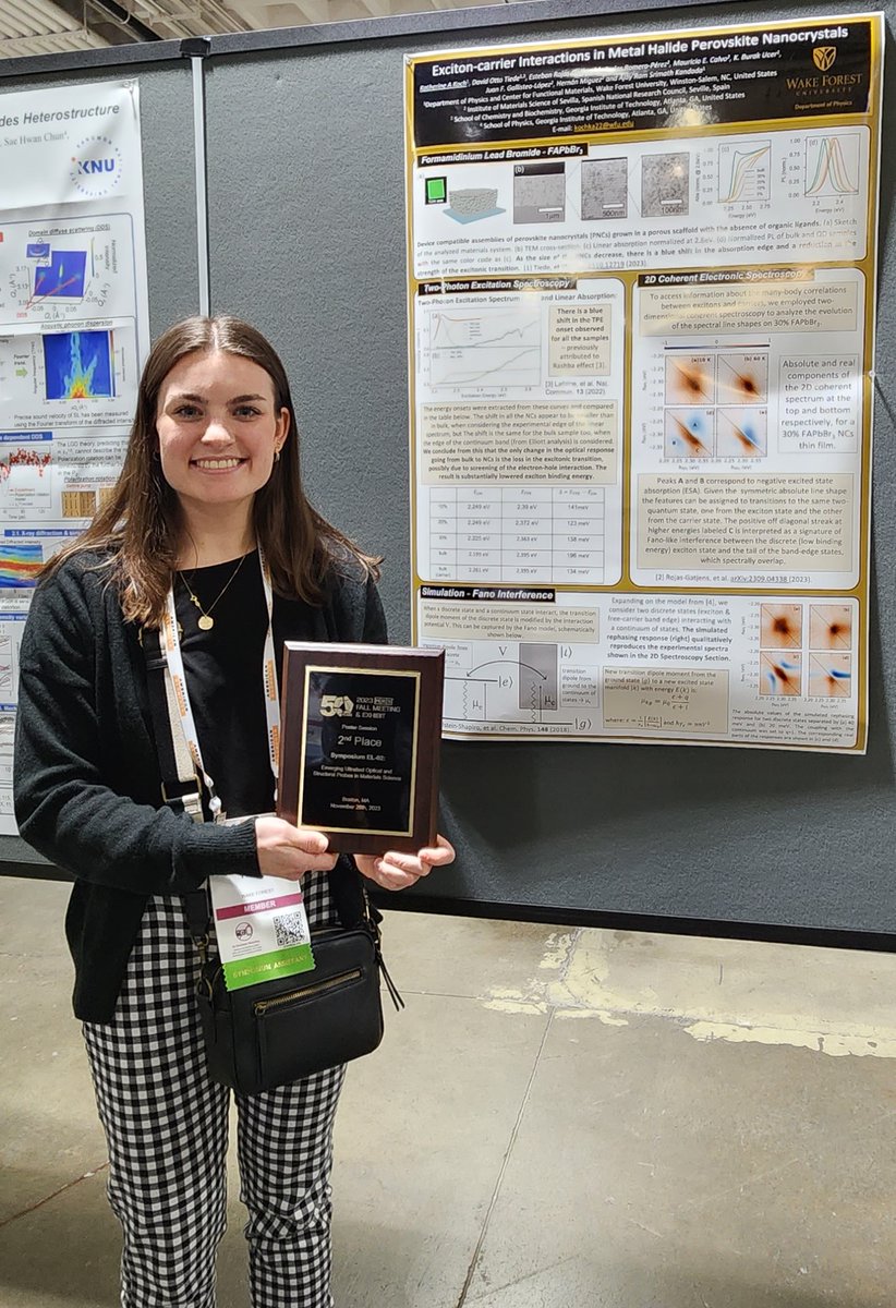 Many Congratulations to Katherine Koch, a graduate student in my group, on winning a poster award in the symposium on ultrafast optical probes at the MRS fall meeting. Her work is about exciton-carrier interactions probed via nonlinear spectroscopy.@wfuphysics