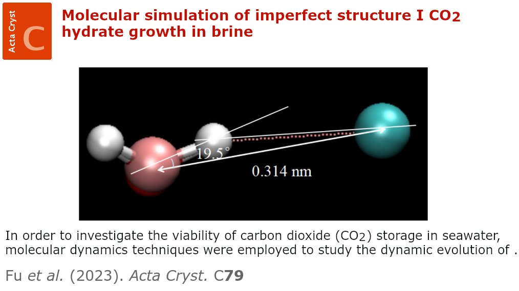 ActaCrystC's tweet photo. Molecular simulation of imperfect CO2 hydrate growth @ActaCrystC @IUCr https://t.co/Mv3ns9T9O1 #PetroChina #Southwest #Oil a#Gasfield #Company #ShaleGas #Sichuan #CO2hydrate #moleculardynamics #simulation #orderparameter #climatechange #IPCC #carboncapture #crystallography https://t.co/ij5TK2ZmGp