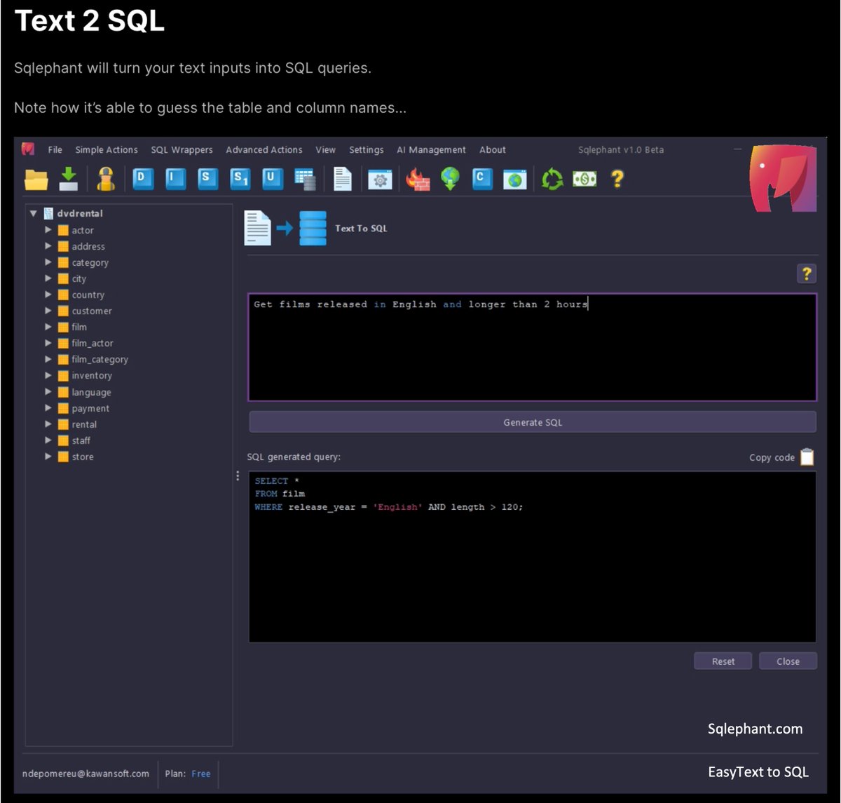 Sqlephant1's tweet image. 🌐Write #SQL code in your language of choice with #Sqlephant. Easy Text to SQL (#Text2SQL)
Sqlephant will turn your text inputs into SQL queries
👉🏼 Note how it’s able to guess the table & column names
Your SQL Your Way
#AI-Powered #SQLAutomation #SQLcoding #Python #PHP #Java