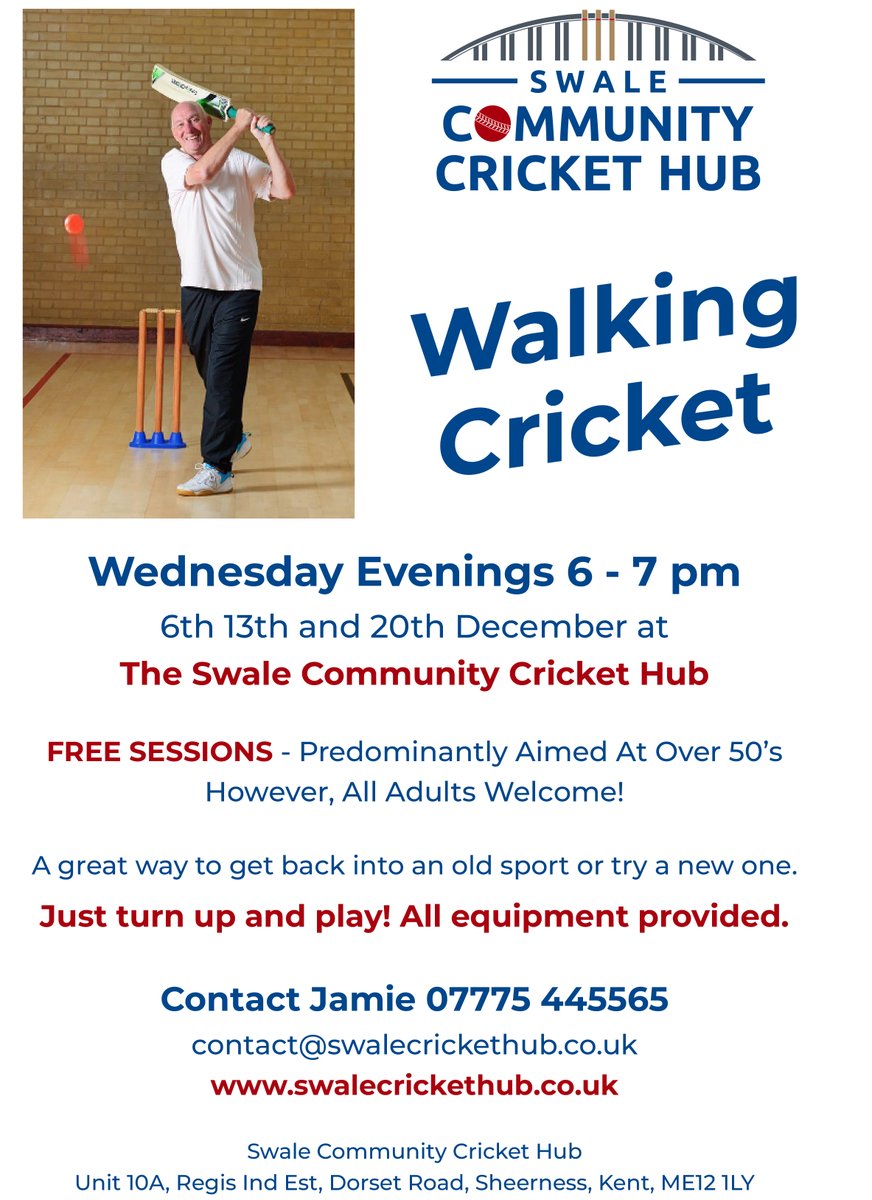 The Hub is excited to announce the launch of its indoor walking cricket programme.

Predominantly aimed at over-50s, this is a great way to re-ignite your love for cricket and stay active.
We will be running some free taster sessions starting on Wednesday, December 6 at 6 p.m.