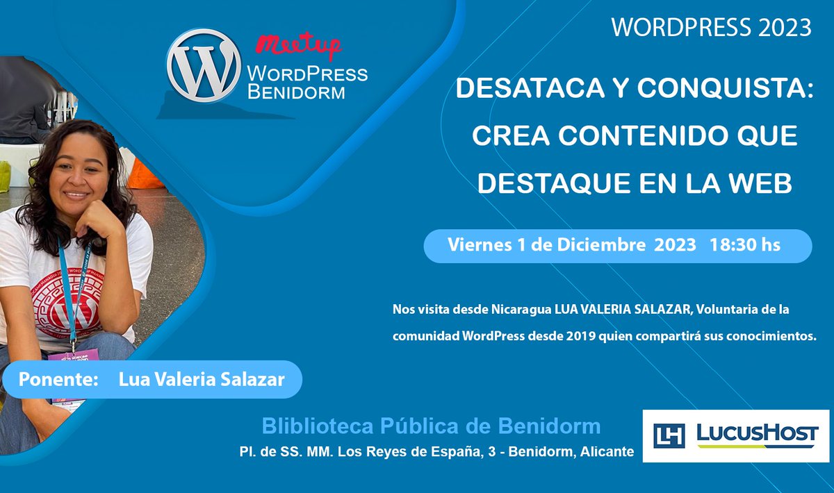 📢 ¿Alguien de la comunidad #WordPress mañana por Benidorm? 

Lua Valeria Salazar viene a hablarnos de 𝗖𝗼́𝗺𝗼 𝗰𝗿𝗲𝗮𝗿 𝗰𝗼𝗻𝘁𝗲𝗻𝗶𝗱𝗼 𝗾𝘂𝗲 𝗱𝗲𝘀𝘁𝗮𝗾𝘂𝗲 𝗲𝗻 𝗹𝗮 𝘄𝗲𝗯 🤩 ¡Te esperamos!

<a href="/GustavoGalati/">Gustavo Galati</a> <a href="/WpBenidorm/">WP Benidorm</a>