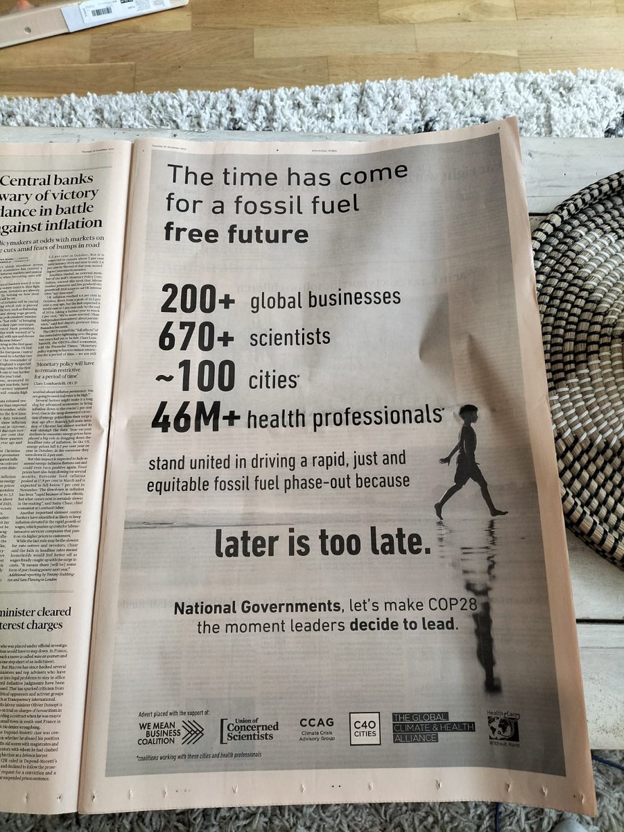 Brilliant to see in the @FT today the voice of ambitious business through @WMBtweets join the health, science & sub national communities in a clear call for the phase out of fossil fuels at COP28! We can create a fossil free future. #FossiltoClean #LaterIsTooLate