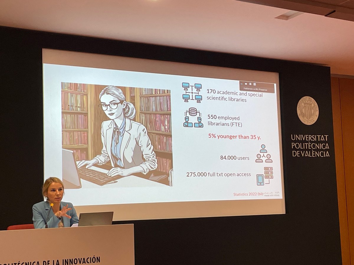Blown away by the presentation (including AI generated librarian image) by Ines Vodopivec describing the role of libraries and librarians in Slovenian open science development. 

Includes a programme of skills development around open science for librarians. 

#eirg