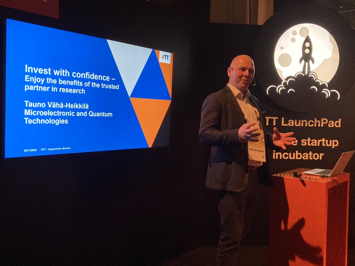 VTTFinland's tweet photo. Tauno Vähä-Heikkilä presents some our key technologies at #Slush2023 #quantum #sensors #LBAW #antennas #RFID https://t.co/OYhASzuGGL