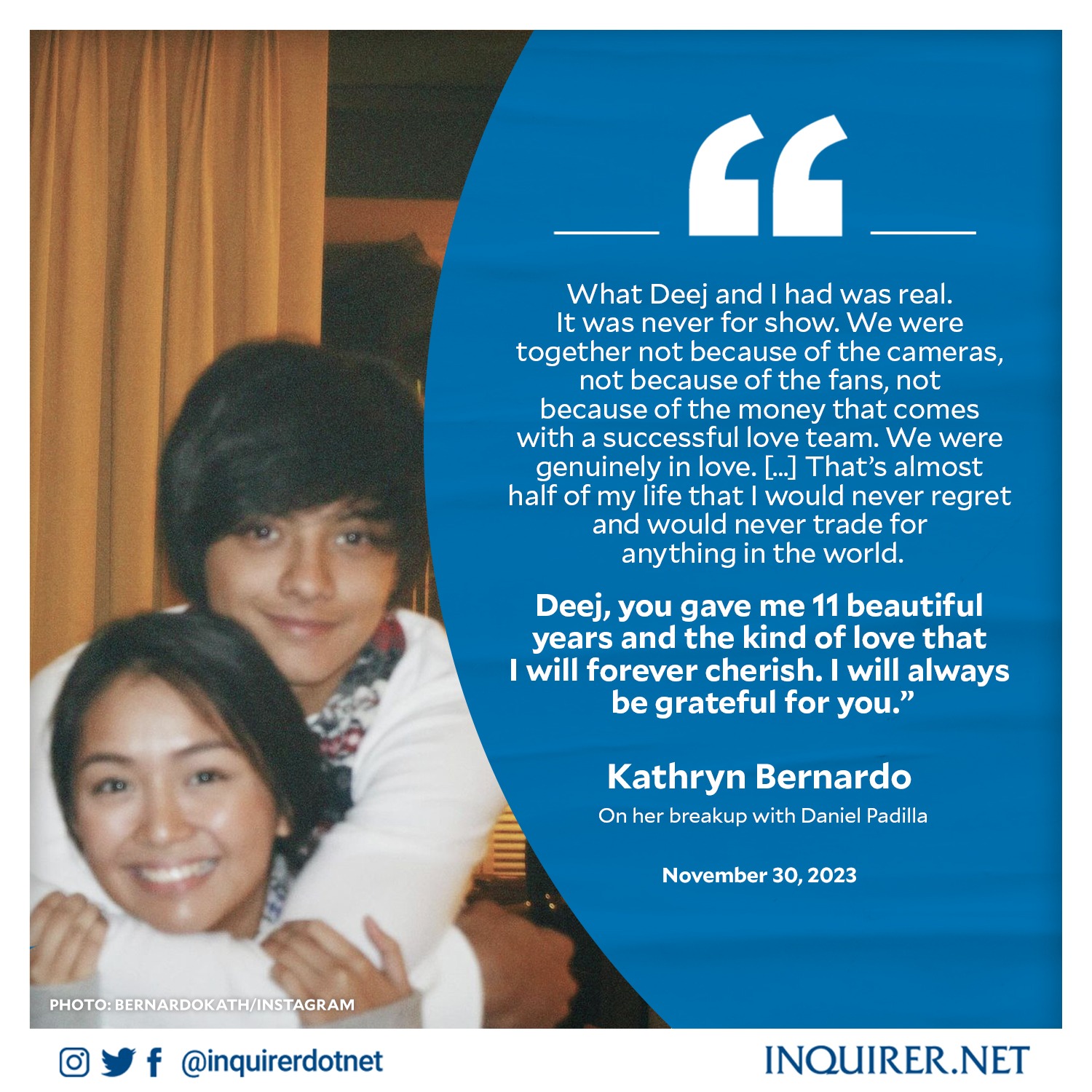 Inquirer on X: "'THE KIND OF LOVE THAT I WILL FOREVER CHERISH' Kathryn Bernardo penned an emotional letter for Daniel Padillas as they both confirmed their breakup after 11 years together. READ: