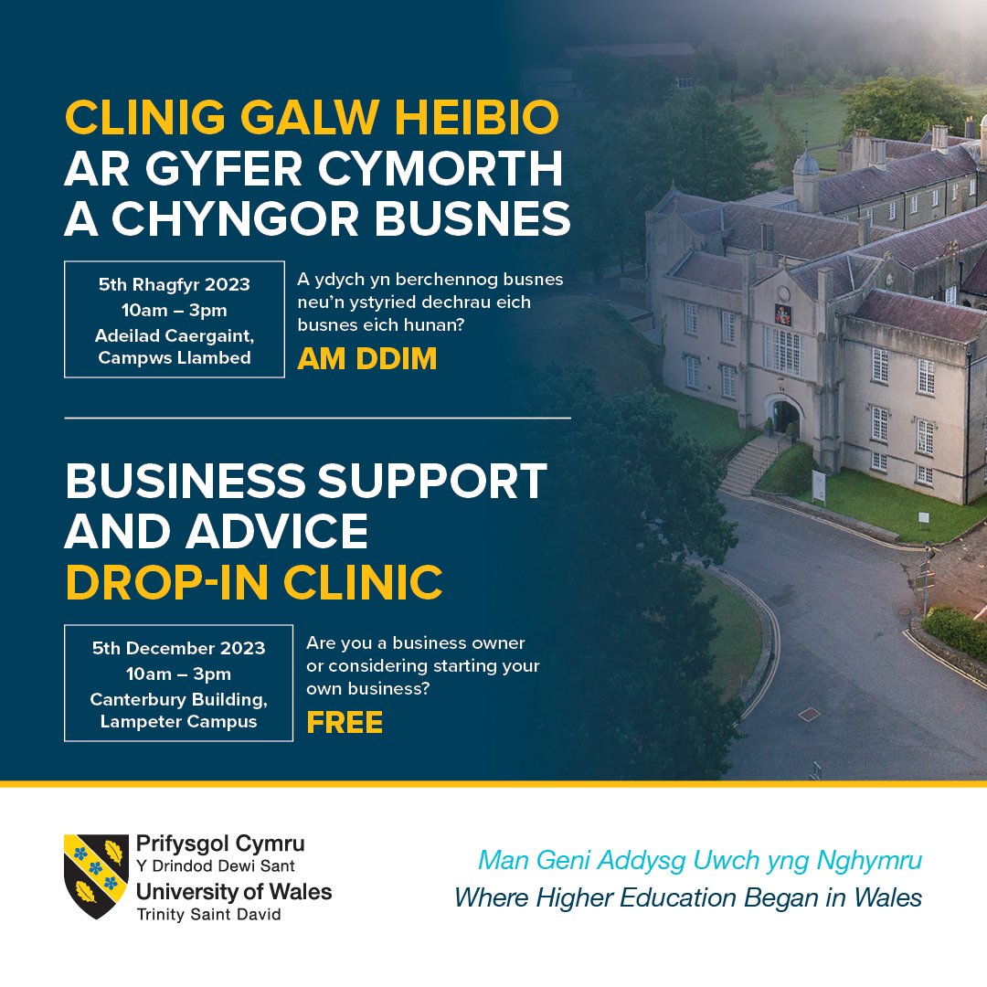 Are you a business owner or considering starting your own business? FREE support to grow your business & overcome business challenges. 5th December 2023 10am – 3pm Canterbury Building, Lampeter Campus @INSPIRE_uwtsd @AnturCymruWales @menterabusnes