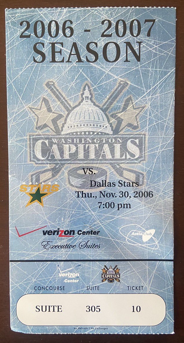StubsUsed's tweet photo. OTD in 2006 - the Washington Capitals beat the Dallas Stars 4-3 at Verizon Center in DC. Ollie Kolzig made 35 saves for his first ever win against Dallas, the only NHL team he had not beaten. https://t.co/bfNL0Aq3Od