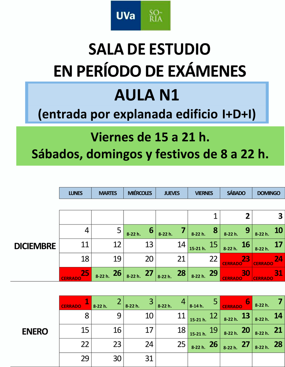 CampusdeSoria's tweet photo. HORARIOS DE LA SALA DE ESTUDIO EN PERÍODO DE EXÁMENES. Consulta las fechas y horas en las que tienes a tu disposición la sala de estudio en el Campus. https://t.co/8nemPb03YF