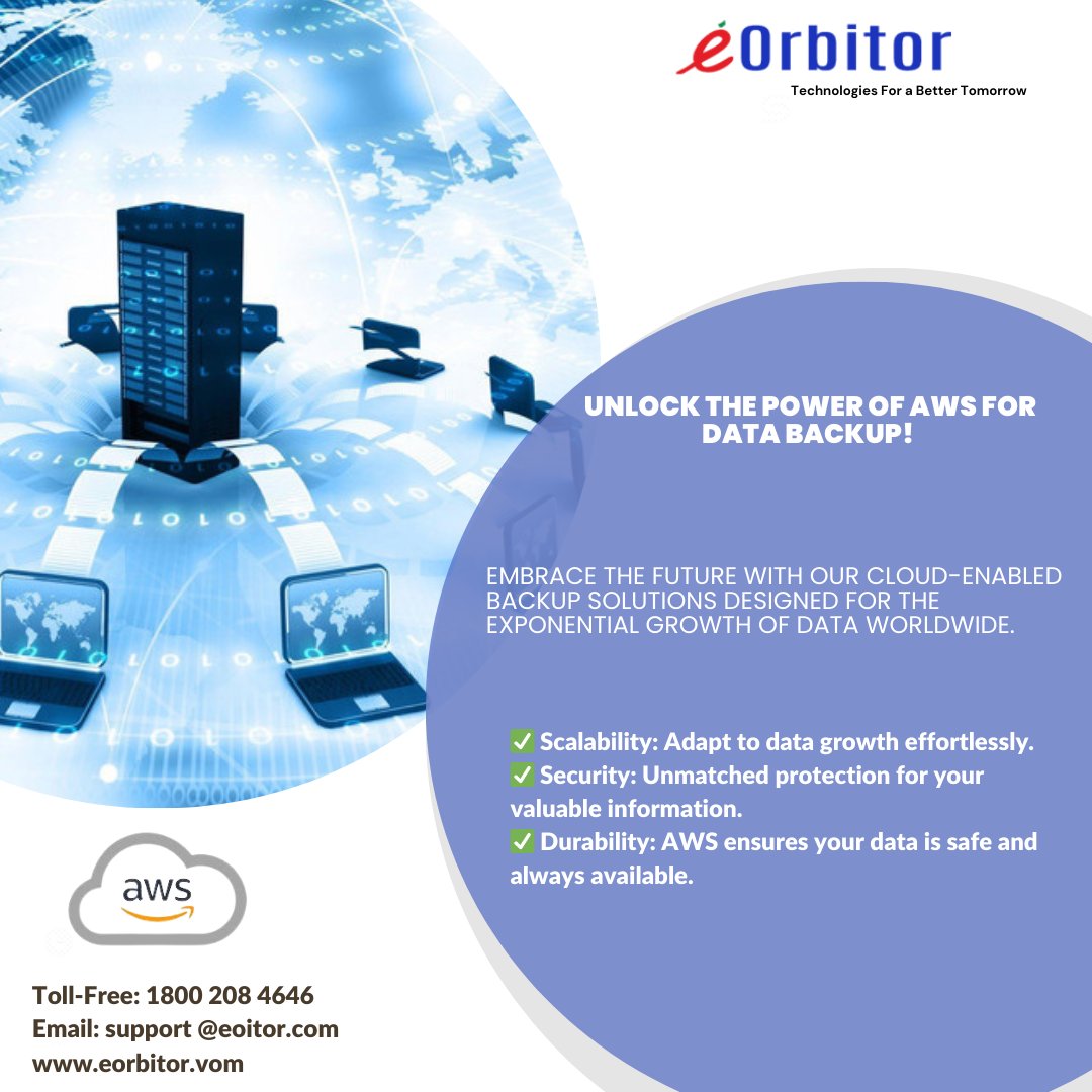 eorbitor's tweet image. Embrace the future of data protection with AWS! Our cloud-enabled backup solutions ensure unmatched durability and security, adapting to the exponential growth of your valuable data. #AWSDataProtection #CloudBackup #eOrbitor #EOTPL #TrustedPartner