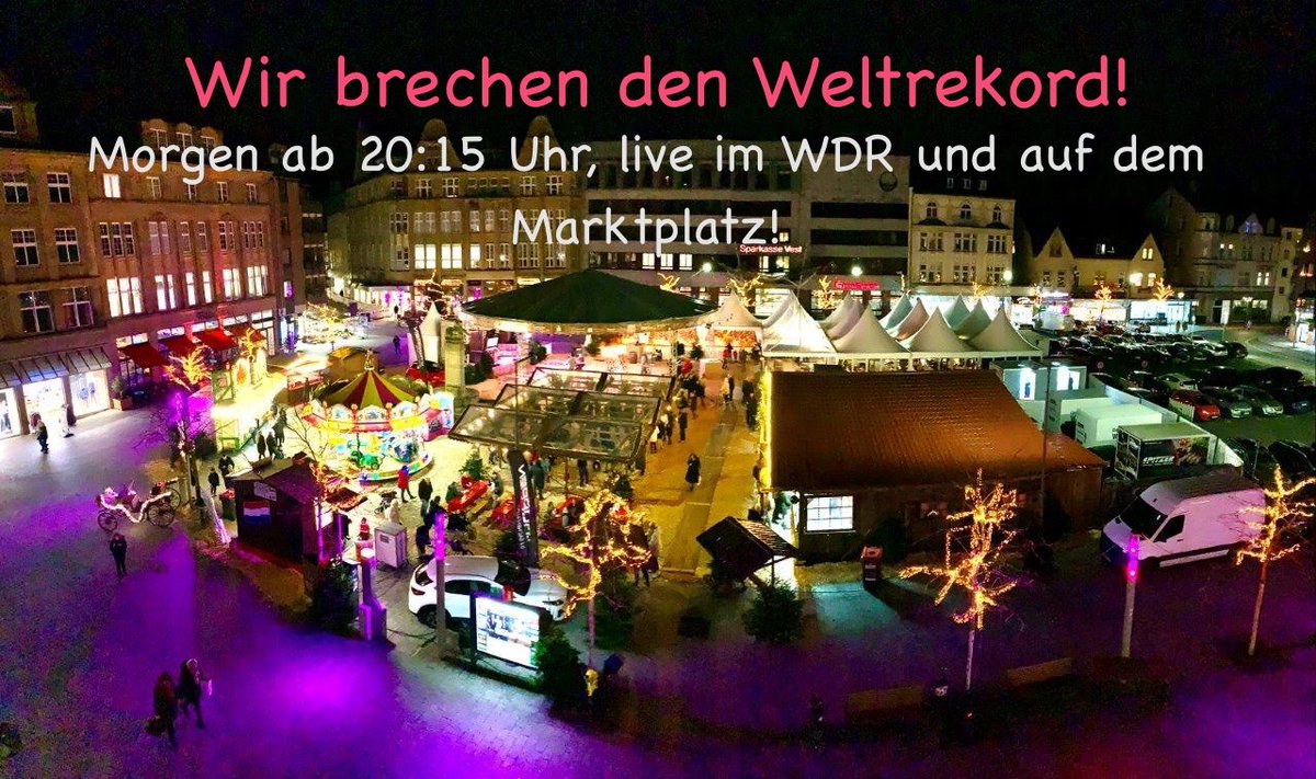 #Weltrekord #AufGehts #WirSchaffenDas #Nachbarschaftshilfe

Morgen ist es soweit! Wir knacken den Weltrekord 🥇im Weihnachtstanz 💃🕺 zu einer Choreo auf dem Marktplatz! Also, kommt vorbei! Ab 20:15 geht’s los, live im @wdr! Infos hier:

www1.wdr.de/lokalzeit/loka…
