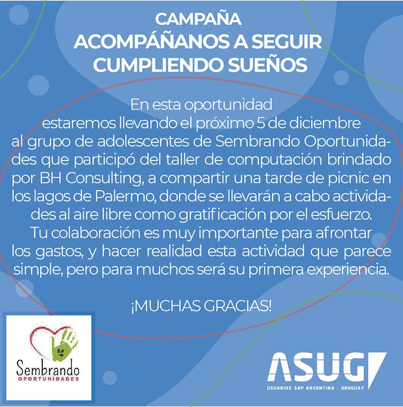 📢Desde la Dirección de Sostenibilidad de ASUG compartimos ésta información y los invitamos a colaborar.

Es muy simple! en el siguiente link podés encontrar los datos para participar:

lnkd.in/dsPU4JuA

Gracias!!!

#Sostenibilidad #ASUG #ASUGAR #ASUGArgentina #ASUGUruguay