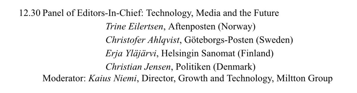 Huomenna perjantaina neljä pohjoismaista päätoimittajaa keskustelemassa median tulevaisuudesta ja teknologiasta. Mukana @EYlajarvi, @TrineEilertsen, @JensenChrje ja @christofera. Hanasaaren paneeli katsottavissa suorana klo 12:30 alkaen osoitteessa: youtube.com/watch?v=sxFcOy…