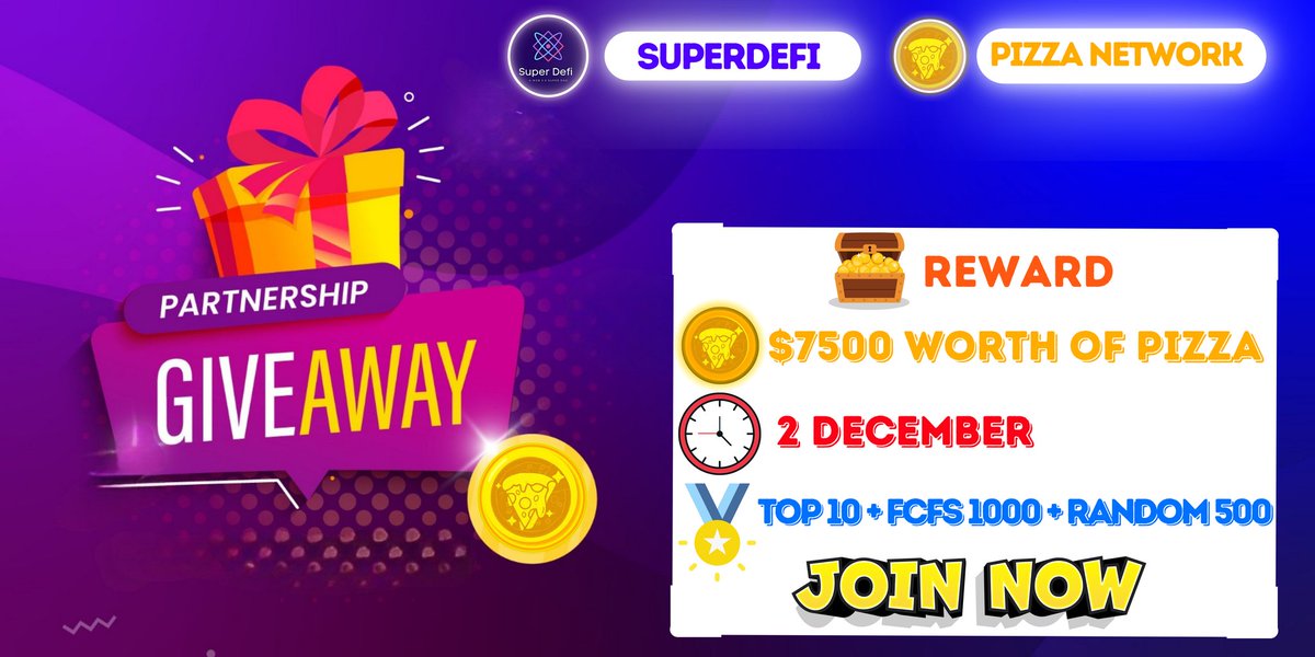 SuperDefi_Dao's tweet image. 🥳 SuperDefi_Dao X Pizza Network #FCFS BIG #Airdrop #MEXC_LISTING

🎁  Prize Pool «» $7500 USDT Worth $PIZZA Tokens.

✅ Follow 
@SuperDefi_Dao &amp;amp; @Pizza__Network
✅ Like, RT and Tag 3 Friends 
✅ Complete #Gleam ⤵️ 
gleam.io/9Cbth/superdef…

⏰ END DATE :- 2 Dec.

#Airdrops…