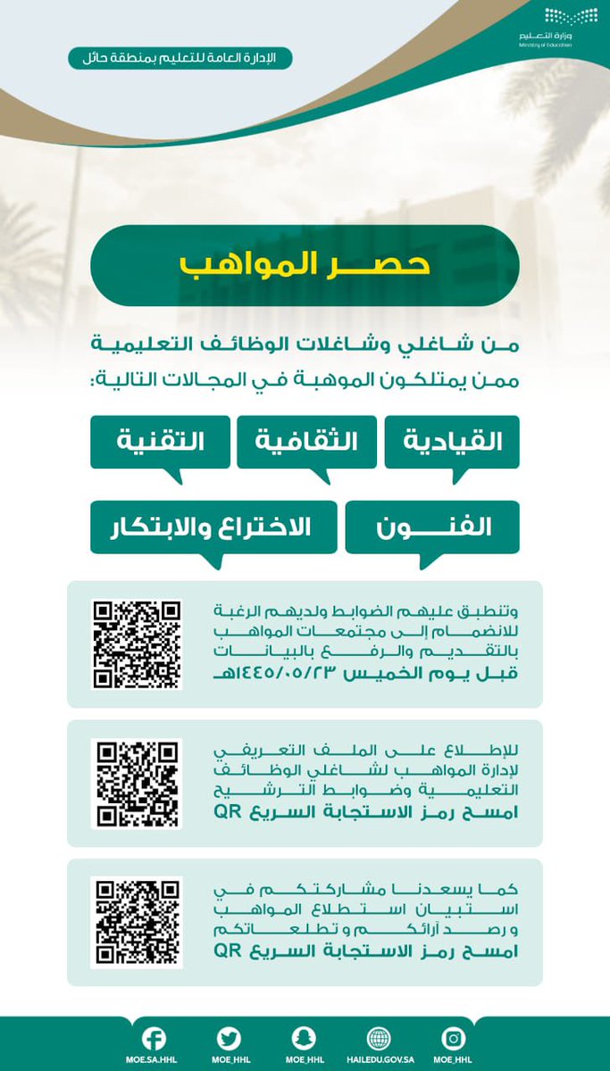 MOE_HHL's tweet photo. حصر المواهب من شاغلي وشاغلات الوظائف التعليمية ..

#تعليم_حائل https://t.co/KGyA9H5Hom