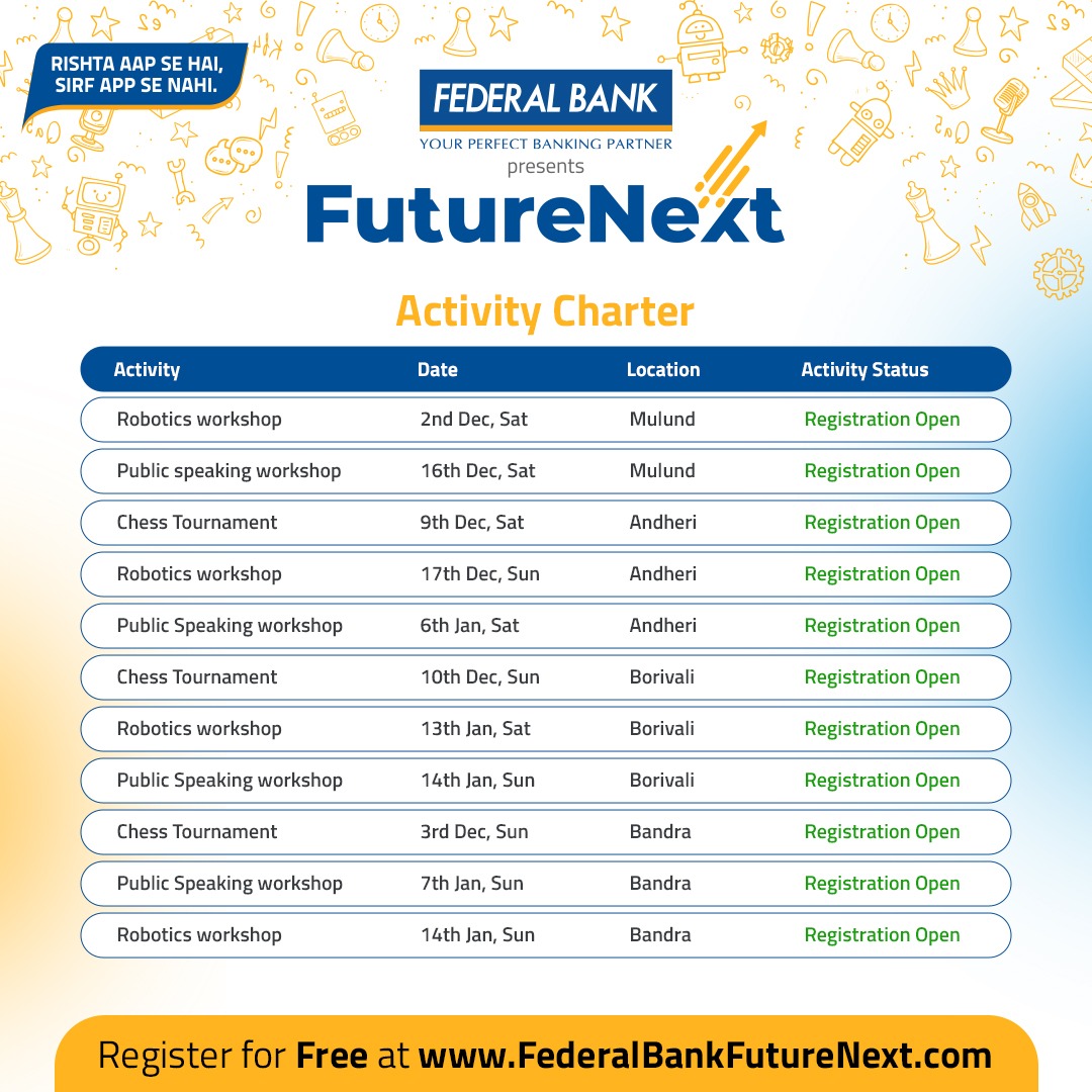 chessniti's tweet photo. Unlock your child's potential with FutureNext, an initiative by @FederalBankLtd.

Engage in activities like:

⚔️ Chess Tournament (cash prizes &amp; trophies)
🤖 Robotics Workshop (certificate)
🎤 Public Speaking Workshop (certificate)

Register at no cost -https://t.co/0GHKaUTWIF 🚀 https://t.co/OvbxEaP6dM