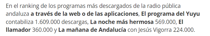 El EGM otorga a El <a href="/ProgramaDelYuyu/">El programa del Yuyu</a> 25.000 oyentes, y una cifra de 1.609.000 descargas (solo en Canal Sur, sin contar las otras plataformas), lo que supone mas de 500 mil descargas por mes. Señal de que la radio está cambiando. 
Muchas gracias a todos.
