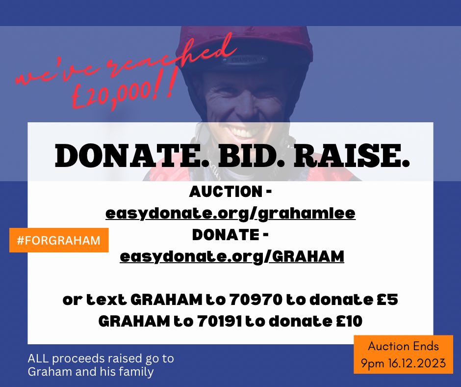 We’ve reached £20,000! Still over two weeks to go, happy bidding! easydonate.org/grahamlee

@Meg_nicholls11 @itvracing @AP_McCoy @oismurphy @PFNicholls @FOBRacing @Johnston_Racing @donaldmccain @IJF_official