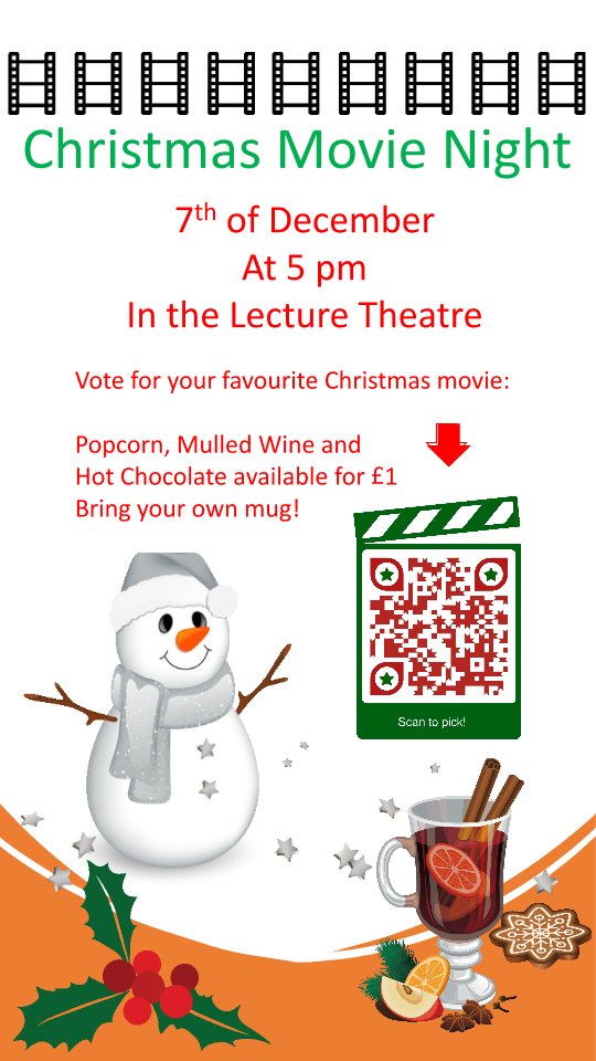 BeatsonPostdocs's tweet image. Join us for a cosy Christmas movie night on December 7th at 5pm! You can vote on your favourite film by scanning the QR code.
We will have popcorn, mulled wine and hot chocolate available for £1 (bring your own mug!), as well as free tea.
All welcome, we hope to see you there 😊
