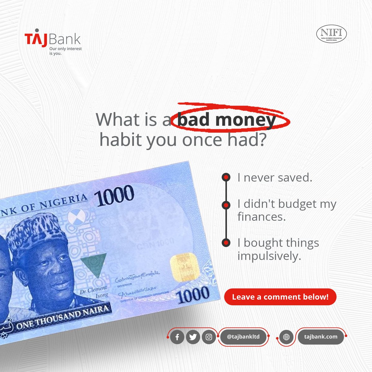 TAJBankLtd's tweet photo. As we come to the end of the year, what is that one bad money habit you had this year?

Share it with us in the comment section.

#Ouronlyinterestisyou https://t.co/JAdBfUrjsS