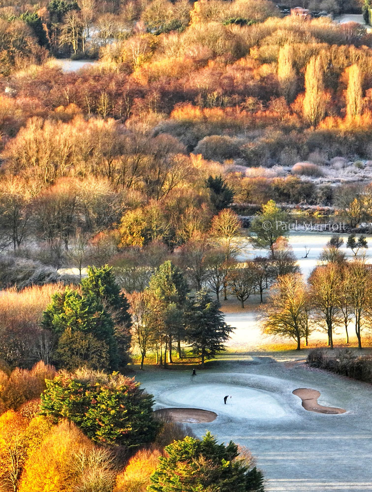 A golfer plays a frosty green at Thorpe Wood golf course and autumn sunshine makes the trees glow orange on a cold morning in Peterborough #golf #golfcourse #nenegolf #thorpewoodgolfcourse #novembersun #autumngold #trees #weather #thebppa #newsphotography #picoftheday #potd