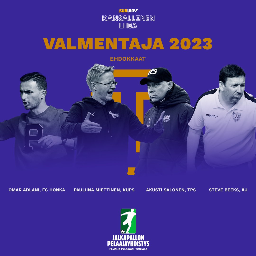 𝐕𝐮𝐨𝐝𝐞𝐧 𝐯𝐚𝐥𝐦𝐞𝐧𝐭𝐚𝐣𝐚

Seuraavaksi esitellään ehdokkaat Subway Kansallisen Liigan kauden 2023 valmentajaksi. Kuka tästä nelikosta olisi oma valintasi? 👇

Valinnan ovat suorittaneet valmentajat itse <a href="/FPAFinland/">JPY</a> -äänestyksellä. Voittaja palkitaan perjantaina 1.