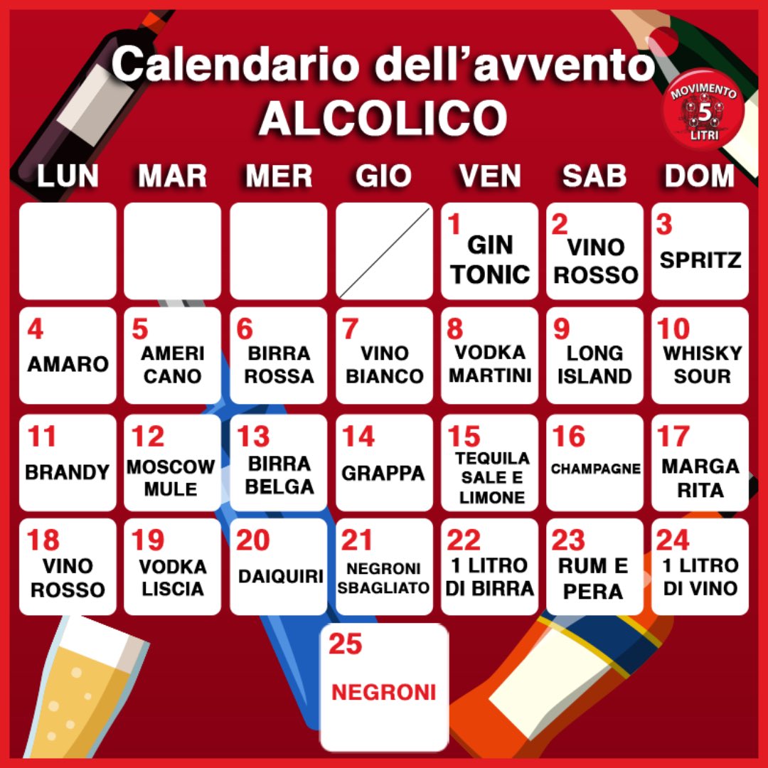 Manca poco al Natale, è tempo del Calendario dell’avvento alcolico. 

Ogni giorno un drink diverso 🎅🏻 🍸