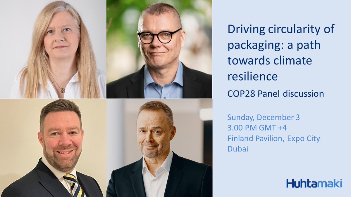 HuhtamakiGroup's tweet photo. Are you ready to deep dive into the world of sustainable packaging? Join our panel discussion on the future of circular packaging solutions and climate resilience at #COP28 in Dubai, or tune in to the live stream.

The event will be opened by Finland´s Minister for European Affairs and Ownership Steering Anders Adlercreutz @adleande  

Panelists include: 
Liliana Annovazzi-Jakab @LilianaJakab , Chief, UNECE/FAO Forestry and Timber Section of the United Nations 
Paul Collins, VP, Sustainability, Huhtamaki
Juhani Damski @JuhaniDamski , the Permanent Secretary of the Ministry of the Environment, Finland
Rolf Ladau, CEO, @Pauliggroup 

Moderator is @SonjavanRenssen, Editor-in-Chief, Energy Monitor and freelance climate, energy and environment journalist.

🕒When? Sunday December 3 at 3 pm GMT +4
📌Where? COP28 Finland Pavilion, Blue zone, Expo City Dubai.

The discussion will be streamed at Business Finland’s website: https://t.co/7UEF2htQMG

Register here for the event: https://t.co/vTvs3ZId8Z

#sustainablepackaging #climateresilience #futureofpackaging #circularpackaging #climatechange