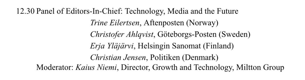 Tomorrow, Friday, four Nordic editors-in-chief will discuss the future of media and technology. Participants include @EYlajarvi, @TrineEilertsen, @JensenChrje, and @christofera. @Hanaholmen panel can be watched live starting at 12:30 (UTV+2) at: youtube.com/watch?v=sxFcOy…