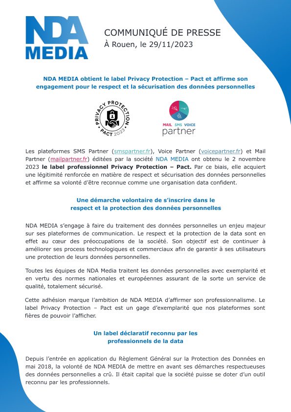 smspartner's tweet image. 🔐 #PartnerSolution labellisés Privacy Protection – Pact ! Cette certification atteste de notre conformité aux normes les plus strictes pour garantir un service sécurisé et fiable à nos clients.
👉 Plus d’infos en commentaire
#DataProtection  #Certification #SMSPartner #SMS